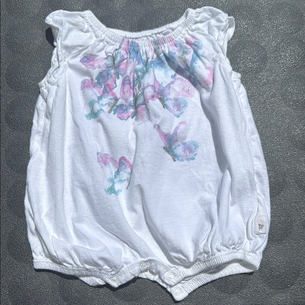 Burt's Bees Baby White Romper with Pink and Blue Butterfly Design